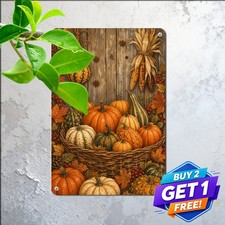 Autumn Harvest Gourds Pumpkin Basket Metal Tin Sign Rustic Thanksgiving Decor picture