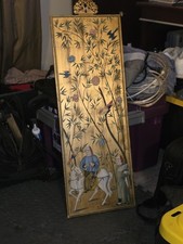 Handmade Asian Decorative Panel with Figures, Birds, and Bamboo Motif picture
