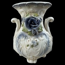 Vintage Handpainted Sculpted Blue Rose Victorian Style Footed Porcelain Vase picture