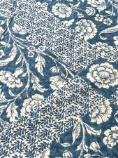 Vintage Bloomcraft Blue Cream Floral Screen Print Fabric 37 x 52 DuPont Zepel picture
