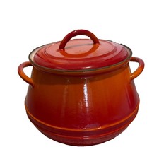 Vintage DESCOWARE BELGIUM Flame Bean Pot w/Lid Cast Iron Enamel Red Orange picture