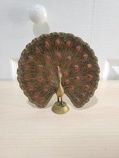 Vintage Indian Etched & Painted Ornate Metalwork Brass Fan-Tail Peacock Figurine picture