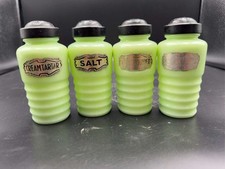 4 Vintage Jeannette Jadeite Hoosier Cabinet Spice Shakers Original Label beehive picture