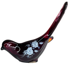 Fenton Ruby Red Happiness Bird HP Floral White Roses - Signed ca 1980 picture