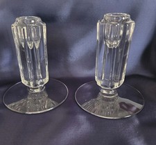 2 Pair Glass Candlestick Holders Art Deco Style Clear Ribbed 4.5