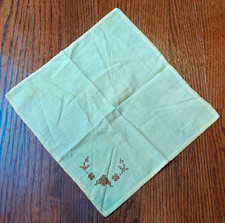 Vtg Yellow & Brown Cloth Handkerchief, Embroidered Floral Corner, Stitched Edge picture
