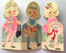 Vintage Happy Birthday Card Die Cut GIRL PINK DRESS FLOWERS Tri-fold Hallmark picture