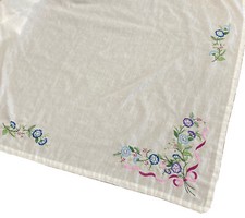 Square Linen Tablecloth Table Topper Embroidered Bow Floral 37x38” Handmade picture