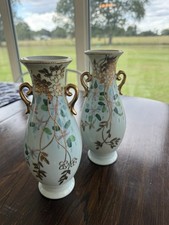 Vintage 10” Hand Painted Nippon-Style Floral Vase Pair Aqua Gold Moriage China picture