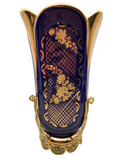 Rare Vtg Baroque Cobalt Blue Gold Gilt Vase Gold Filigree Accent Made in Turkey picture