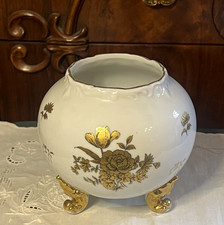 Vtg Kasuga Ware White & Gold 3 Footed Round Floral Vase 5 1/4