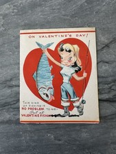 Vintage Valentine Greeting Card Pretty Fisherman Girl Pole Rod Fish Ocean Boat picture