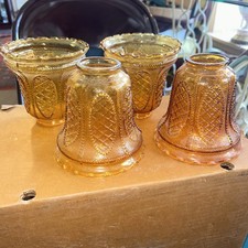 4-VINTAGE AMBER TEXTURED PRESSED GLASS DIAMOND DOT PINECONE PENDANT LAMP SHADES picture