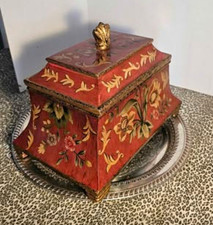 Hand-Painted Floral Wooden Trinket Box with Lid, Red/Gold Rectangle picture