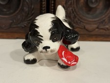 Vintage Mid Century Kitsch Ceramic Black and White Dog, Cavalier, Red Hat *Japan picture