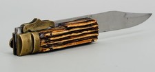 Vintage Pakistan Folding LARGE Lockback Knife Stag Style Handle Brass Guard LOOK picture