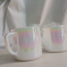 Set Of 2 VTG Federal Glass USA Moonglow Iridescent Coffee Cups w/ D Handle picture