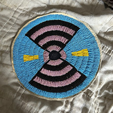 8” Round hand beaded  Rosette Blue Pink Black Design beaded on brain tan leather picture