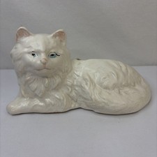 Vintage Persian Crackle Ceramic Cat Kitten Planter White Tan Accents Blue Eyes picture