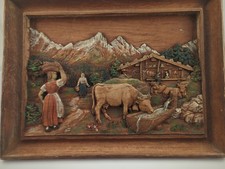 Vintage SIC French Carved Wood Relief Plaque Alpine Farm Cows Folk Art 19