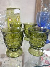 Vtg 60s Indiana Glass Whitehall Colony Cubist Avocado Green Footed 9 Oz Glasses picture