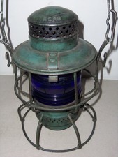 ANTIQUE N.Y.C.S. RAILROAD ADLAKE KERO LANTERN WITH COBALT GLOBE picture