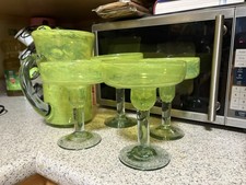 Vintage 1940s Hand Blown Green Margarita Pitcher & 4 Glasses Set. Pontil Marks picture