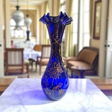 Cobalt Hand Blown Blue Glass Vase with Floral Painted Enamel Detail 12.5