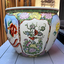 Hand Painted Glazed Ceramic Round Planter Bowl, White Multicolor Floral Bird picture