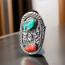 Vtg Signed A Bahe Navajo Sterling Silver Turquoise Coral Statement Ring  Sz 11.5 picture