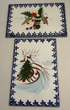 Italian Zanolli Handpainted Ceramic Christmas Trivets Set Of 2 Large 12” picture