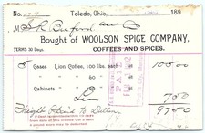1890s Woolson Spice Co. Toledo Lion Coffee billhead Montana picture