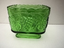 Vintage Square Indiana Glass - Footed Dish Bowl Green Grapes / Grapevine Design picture