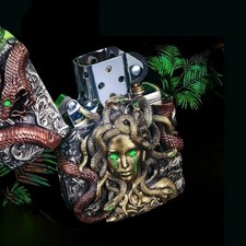 Medusa Armor Brass Fuel Lighter Luminous Wheel Kerosene Retro Gift Box EDC picture