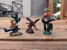 3 CAST IRON SODA POP BEER HANDHELD BOTTLE OPENER BAR BARWARE COWBOYS DONKEY picture