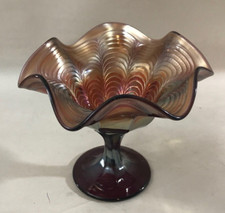 SPECIAL FENTON CARNIVAL GLASS: PEACOCK TAILS AMETHYST BASE CANDY COMPOTE - 1910 picture