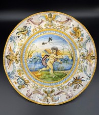 Antique Cantagalli Plate Italy Majolica Putto Grotesque Hand Painted Cockrel 19c picture