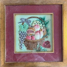 Rare Handpainted Majolica glazed ceramic plaque floral relief work with frame picture