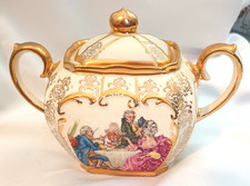 1930s-40 Sadler England Cube Shaped Sugar Bowl w/Colonial couple, gold gilding picture