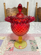 Viking Glass Yesteryear Ruby Amberina Lidded Candy Dish UV Glow Vintage picture