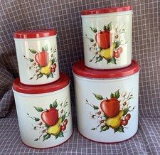 Vintage Canister Set Metal Decoware Apple Pear Cherry Set of Four picture