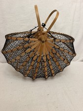 VTG 1960’s Japanese Folding Fishing Net Bamboo Basket Purse Bag Leather Closure picture