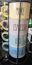 New More Espresso Less Depresso Set of 4 Stackable Coffee Cups With Metal Holder picture