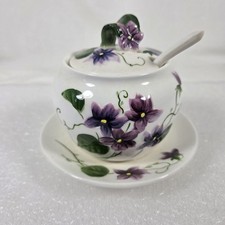RARE Lefton Sweet Violets Jam Jelly Jar With Lid Spoon Attached Underplate 2845 picture