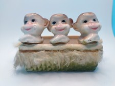 Vintage Moriyama Pottery Three Little Monkeys In Fur Lined Tub Made In Japan '50 picture