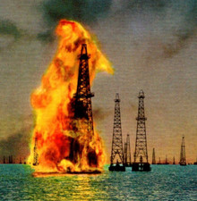 * VTG Continental Postcard Oil Derrick Fire Lake Maracaibo Venezuela Collector picture