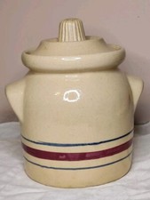 Vintg ROSEVILLE Canister Yellow Ware RRP Co Red Blue Stripes Robinson Ransbottom picture
