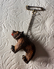 Vintage Swiss Brienz Carved Wood Bear Dangle Brooch, 1930’s Alpine fork art picture