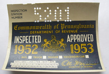 Vintage Original 1952 - 1953  PA Pennsylvania Inspection Sticker Old Antique picture