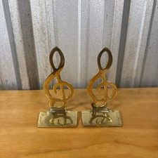 Vintage Penco Industries Brass Treble Clef Bookends 7” Heavy Music Decor India picture